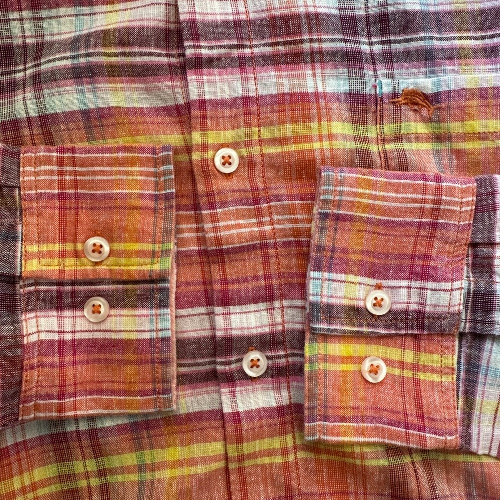 Tommy Bahama Linen Blend Plaid Long Sleeve Button Up Shirt Mens XL Coral Preppy - Picture 4 of 10